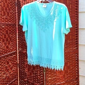 Short sleeve darling edging around neck and bottom of shirt